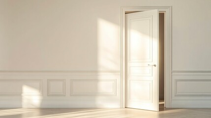 Fototapeta premium Minimalist interior wall mockup, clean lines and muted tones, volumetric light streaming in from a side window, highlighting the simplicity and elegance, wide-angle doorway shot 