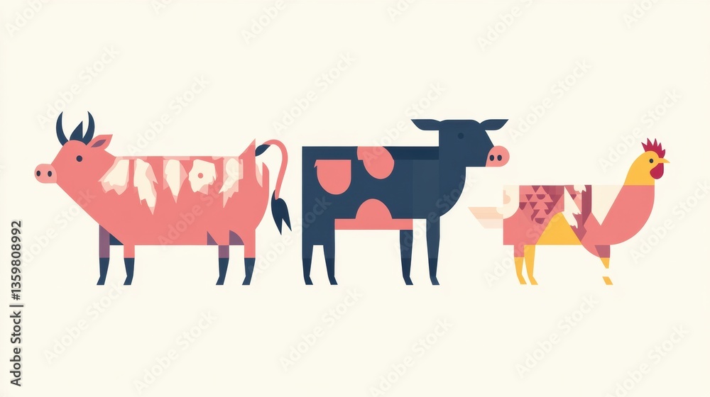 Poster minimalist geometric illustration of cows pigs and chickens in vibrant colors showcasing modern desi