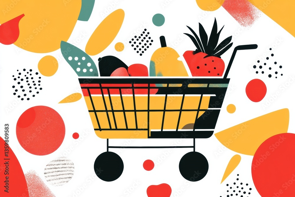 Poster stylish abstract depiction of grocery shopping with vibrant colors and geometric shapes illustrating