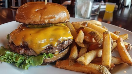 American classic cheeseburger with fries. 