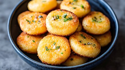Crispy Golden Potato Rounds Bowl Closeup Food Photography