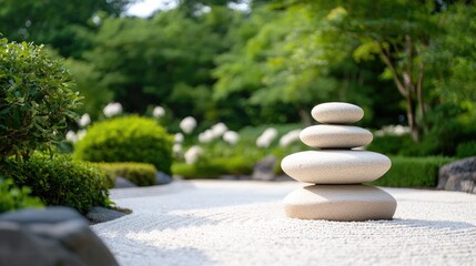 Tranquil Zen Garden with Stacked Stones and Lush Greenery