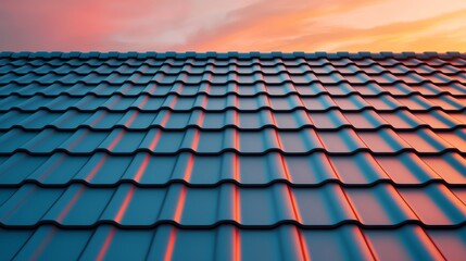 Fototapeta premium Roofing installation at sunset outdoor scene metal roof shingles residential area wide angle architectural beauty
