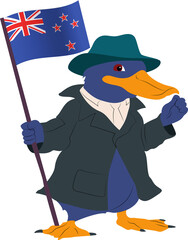 A cartoon character of a platypus wearing a detectives coat, holding the Australia flag copy
