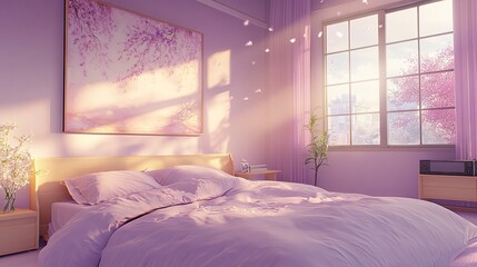 Modern bedroom, pastel purple tones, large art print mockup above the bed, sunlight streaming through oversized window, cozy and inviting ambiance, corner perspective wide-angle view 