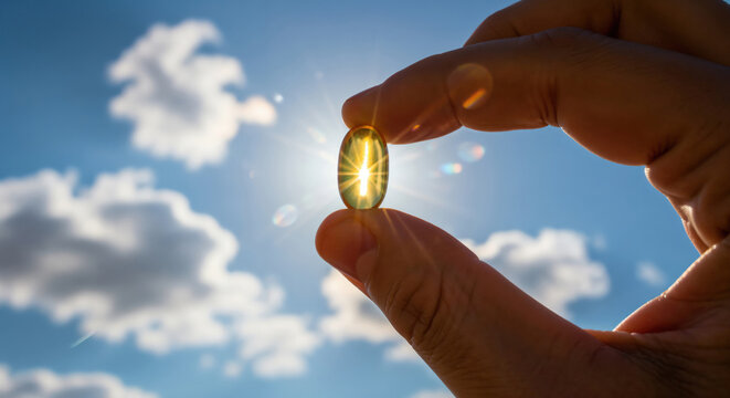 Golden softgel capsule with vitamin D, fish oil, omega 3 in fingers against sun, blue sky. Symbol of health, nutrition, immune support, supplements. Concept of sunshine vitamin, wellness, energy boost