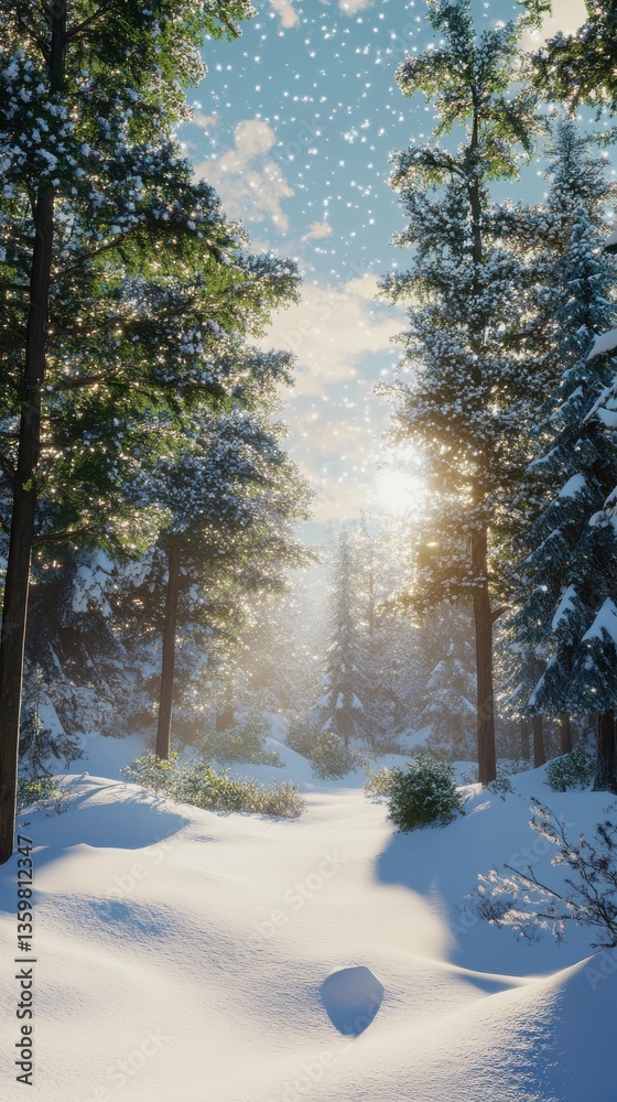 Aufkleber winter wonderland with snow-covered paths and sunlight filtering through trees in a serene forest se
