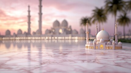 Naklejka premium Elegant Minimalist Iftar Invitation Template with 3D Mosque Design and Soft Sunset Background