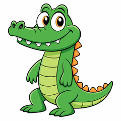 Naklejka premium Smiling Alligator Cartoon: A cheerful cartoon alligator smiles broadly, displaying its toothy grin. Its bright green scales and orange accents add to its playful charm.