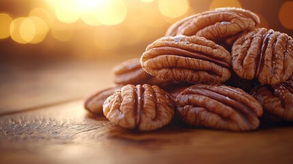 Roasted pecans on wood, bokeh background, food photography