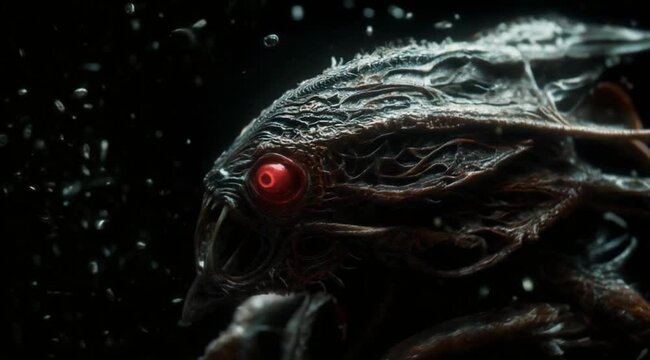 Alien Creature with Red Eyes Stares into Darkness