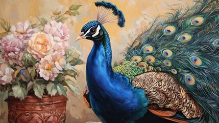 Fototapeta premium Captivating close-up of a proud and regal peacock displaying its feathers.