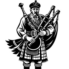Obraz premium Bagpiper in Traditional Attire: A detailed illustration of a bagpiper in traditional Scottish attire, skillfully playing the bagpipes, showcasing cultural heritage and the art of music.