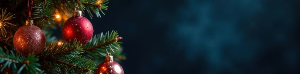 Fototapeta premium Christmas tree with sparkly ornaments and glittering lights on a dark background , twinkling lights, festive decor