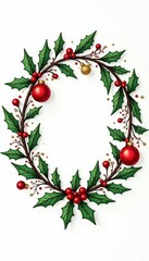 Naklejka premium Christmas wreath composed of doodle-style ornaments and holly on a white background, minimalist design, doodle art