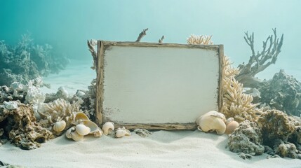 Ocean mist and driftwood board surrounded by coral and seashells: A serene tropical setting with an empty signboard on fine white sand near turquoise waters.