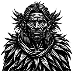 Obraz premium Mystical shaman: An old shaman in a mysterious spiritual state. The illustration features sharp, distinct lines and a strong contrast between light and dark.