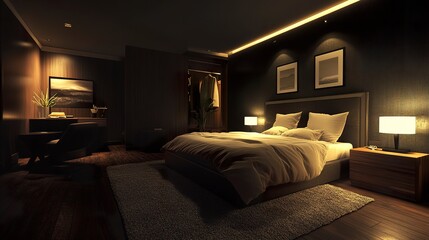 Modern luxurious bedroom, dark matte walls creating depth, warm wood accents on furniture and flooring, soft ambient lighting casting a cozy glow, wide-angle corner view 