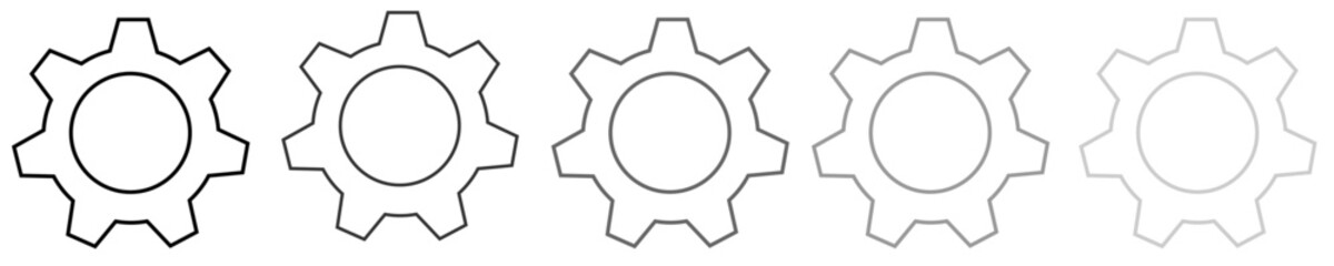 Set of 5 gear badges. A set of simple black and white outline gear icons. Technical symbol for mechanics, operation and customization 