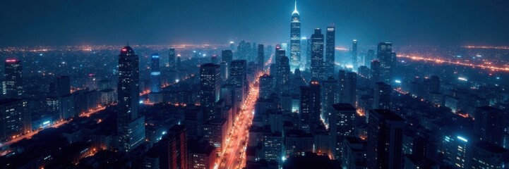 Obraz premium Cityscape at night with glowing skyscrapers and network cables, urban landscape, data transmission