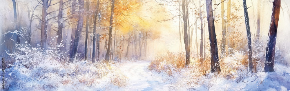Leinwandbilder winter landscape with golden light filtering through snow-covered trees in a tranquil forest setting