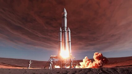 Rocket launch on mars: astronauts witness dramatic liftoff under red sky. 4k stock footage