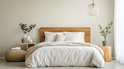 Modern minimalist bedroom, soft natural light, neutral bedding and decor, clean lines with uncluttered furniture promoting tranquility, front-facing perspective.  