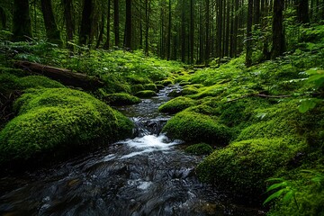 Obraz premium realistics present delicate play of brightness and dimness in a serene nook of a mossy woodland soil with a smooth brook gliding by 