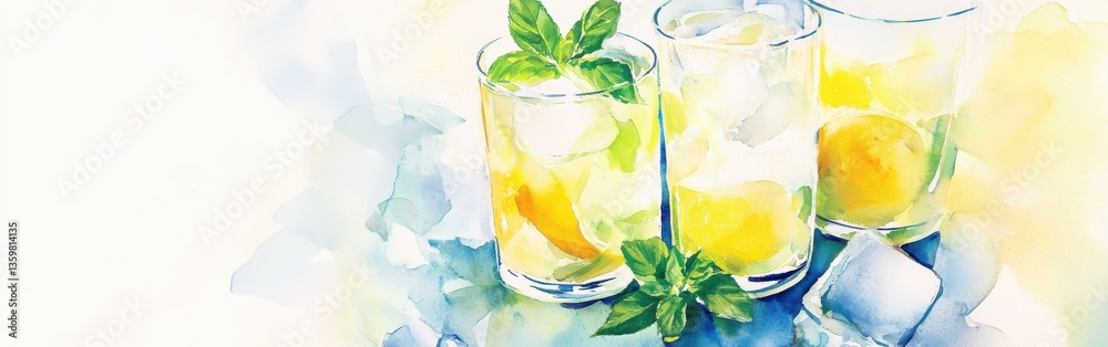Poster refreshing lemonade served in clear glasses with fresh mint and lemon slices on a vibrant watercolor