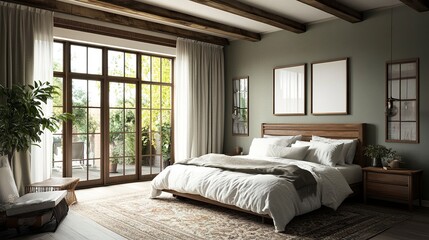 Fototapeta premium Modern rustic bedroom, exposed wooden beams, patterned area rug under a cozy bed, French doors with soft light filtering in, muted greenish-gray walls adding warmth, corner wide-angle view. 