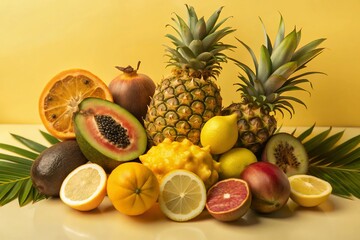 A vibrant tropical fruit fiesta bursting with sunshine and juicy sweetness, bathed in warm yellow light against a simple background.