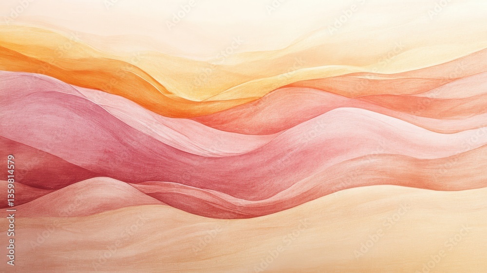 Poster soft pencil strokes create wavy patterns in muted amber and pink hues, evoking calm and tranquility 