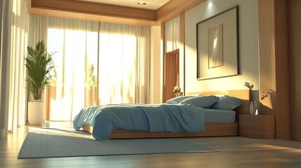 Fototapeta premium Modern soothing bedroom, large bed with sky-blue bedding as a focal point, natural light pouring in, uncluttered decor promoting relaxation, wide-angle doorway shot. 