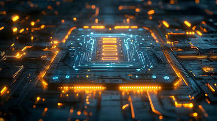 Obraz premium Futuristic circuit board with glowing blue and orange lights, showcasing advanced technology in a digital environment