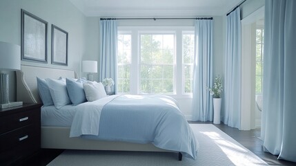 Fototapeta premium Modern soothing bedroom, large bed with sky-blue bedding as a focal point, natural light pouring in, uncluttered decor promoting relaxation, wide-angle doorway shot. 