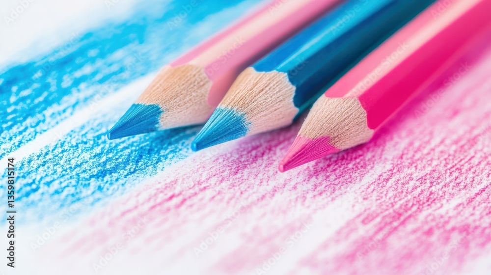 Poster dynamic composition of vibrant colors created with soft pencil strokes in various shades of blue and