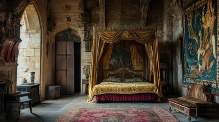 Opulent castle bedroom, plush canopy bed with gold accents, tall stone walls adorned with tapestries, vintage furniture and rugs, doorway perspective wide-angle view. 