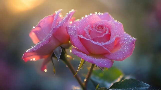 Delicate pink roses, bathed in morning light, glistening with dew drops