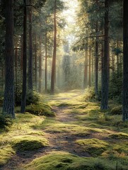 Fototapeta premium Sunlit pine forest path, mossy ground. Nature background image