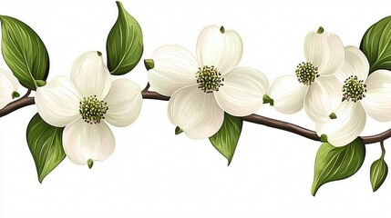 Blossoming dogwood branch. Elegant white flowers with green leaves, against plain background