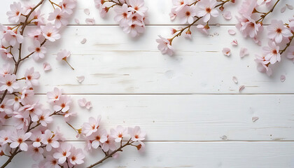 Pink Cherry Blossom Branches with Petals on White Wooden Background
