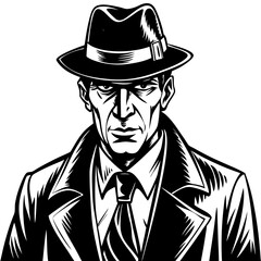 Vintage Noir Detective: A classic noir detective, complete with fedora and trench coat, gazes intensely, conjuring an atmosphere of mystery and intrigue.