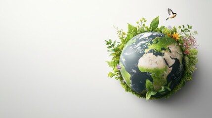 A vibrant globe surrounded by lush greenery and flowers, symbolizing environmental harmony and the beauty of nature.