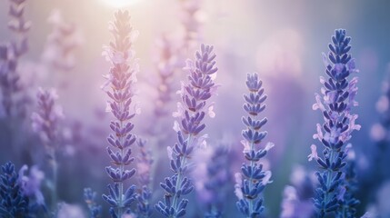Naklejka premium Lavender blossoms stand tall in soft pastel blue and lavender mist during early morning light in a tranquil landscape