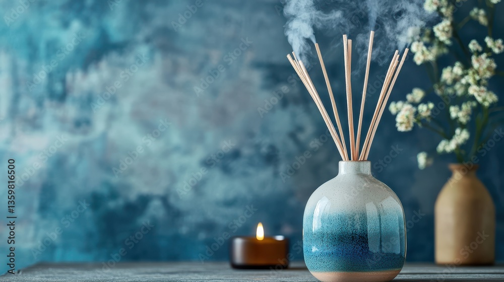 Poster soft blue and amber mist diffusing from a ceramic vase in a tranquil indoor setting