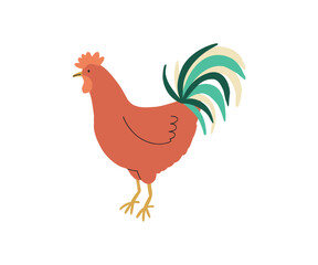 A red rooster with a bright green tail, symbolizing farms, morning wake-ups, and rural life.