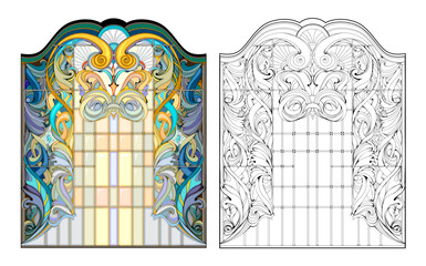 Fantasy illustration of an Art Nouveau stained glass window. Colorful and black and white template for coloring. Architecture in France. Worksheet for coloring book. Flat vector illustration.