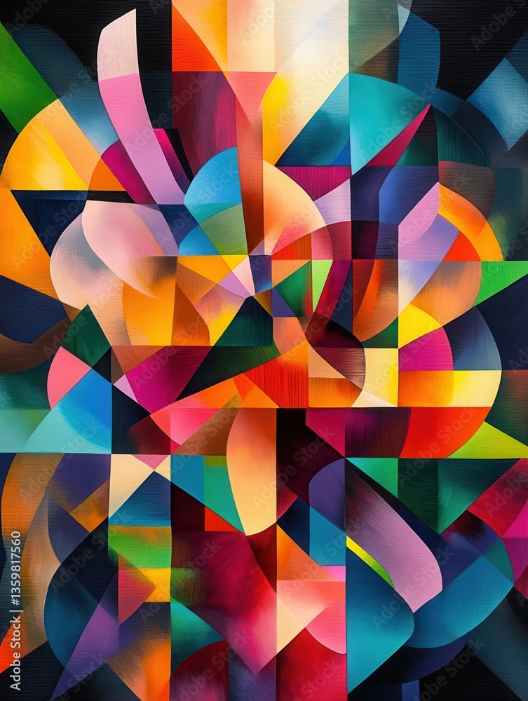 Poster a vibrant geometric pattern with intersecting colorful shapes creating an abstract mosaic.