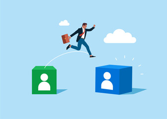 Businessman or recruiter jump from one to another cube. Chooses employees out of two of cubes. The recruiter selects the team. Employee recruitment. Flat vector illustration