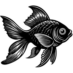 Underwater Majesty: An elegant goldfish swims gracefully, its scales gleaming with a lustrous sheen. A detailed illustration of a goldfish, capturing its beauty and movement.